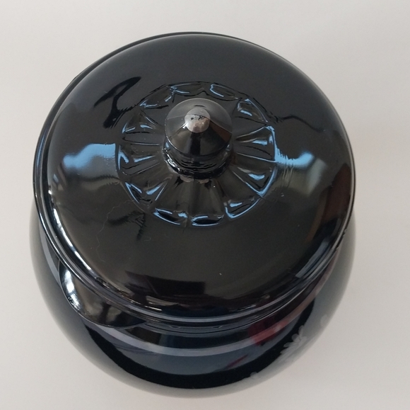 Vtg Black Amethyst Glass Lidded Jar With Sterling Silver Overlay (LE Smith?) - Picture 5 of 16